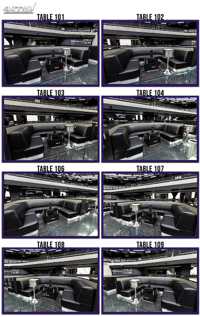 Front Row Tables: 101-104, 106-109 (10 people each)