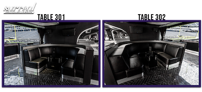 Side Third Row Tables: 301, 302 (10 people each)